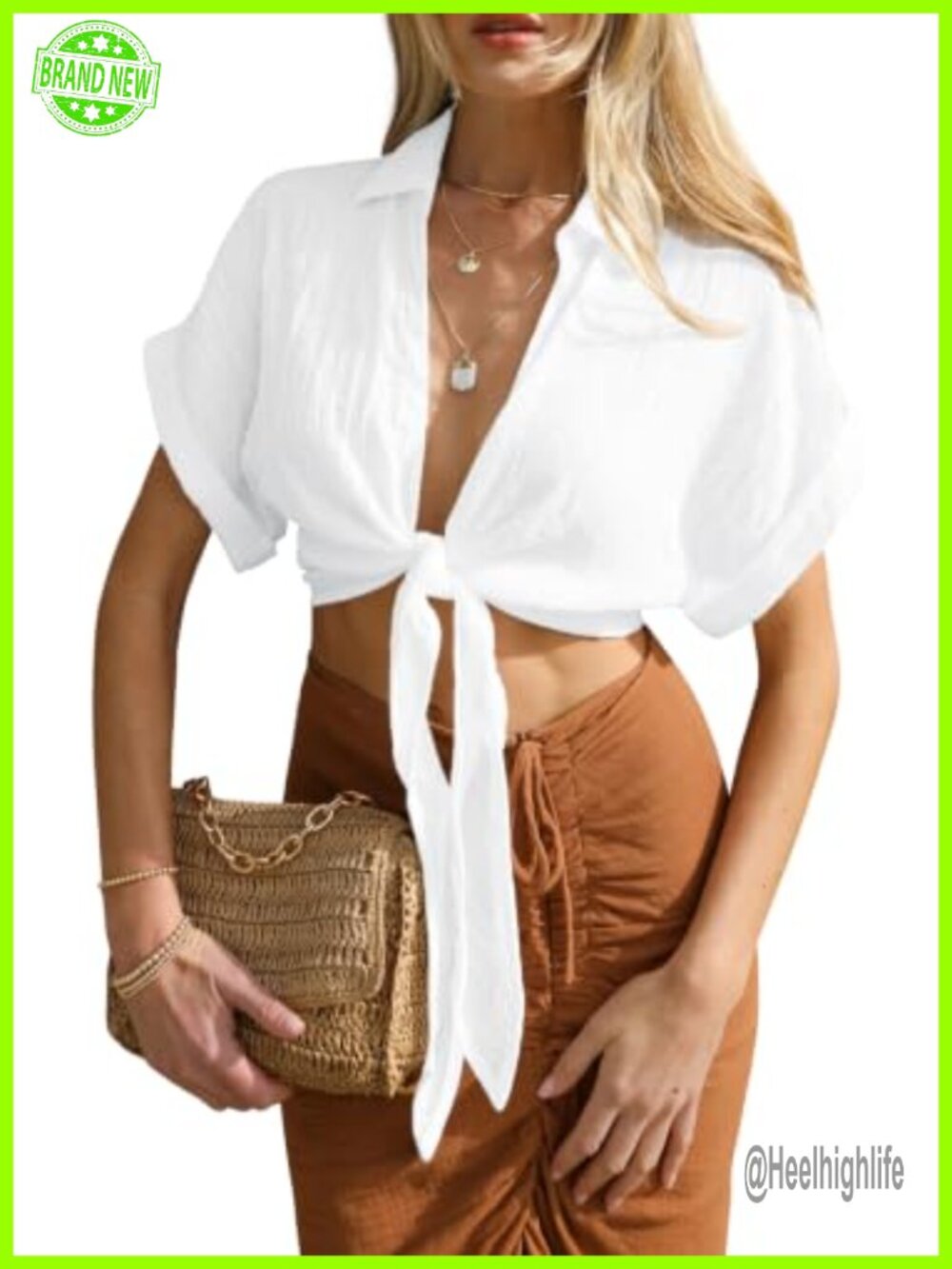 Women's Summer Crop Top Short Sleeve Deep V Neck Front Tie Casual Blouse